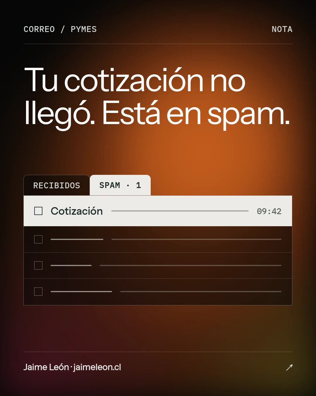 Bandeja de correo con la pestaña Spam marcada: la cotización de las 09:42 quedó en spam en vez de llegar a recibidos.